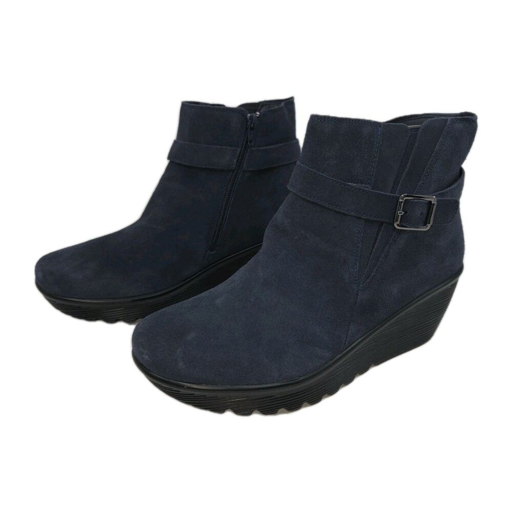 New Skechers Day Date Suede Parallel Wedge Ankle Boots Navy Blue Size 11